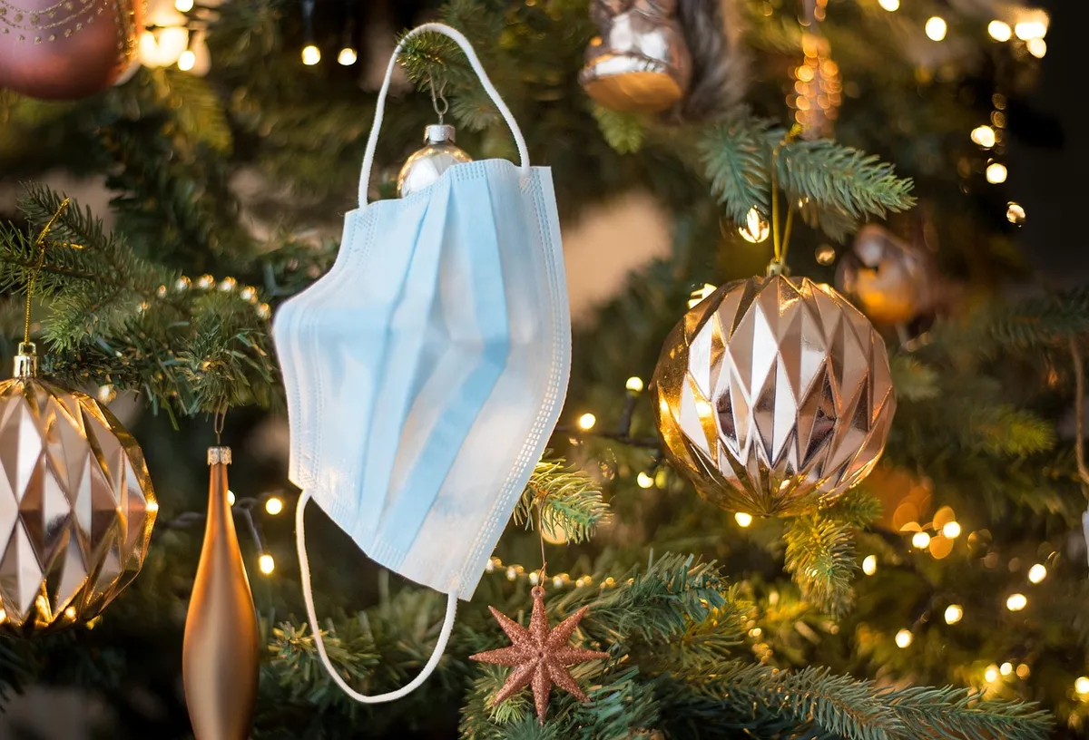 face mask, tree, ornament, nature, lights, christmas, covid19, xmas, holiday, season, covid-19, pandemic, happychristmas