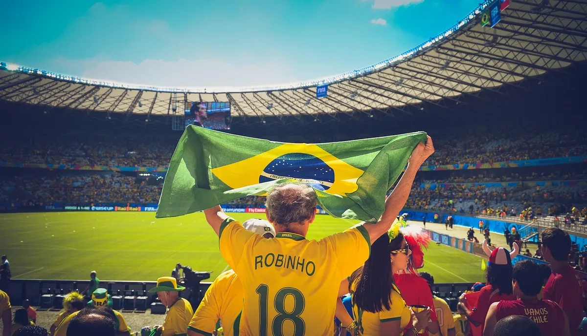 people, brazil flag, soccer, stadium, crowd, audience, sports, flag, game, match, football, cheering, brazil, brazilian, championship, soccer field, world cup,