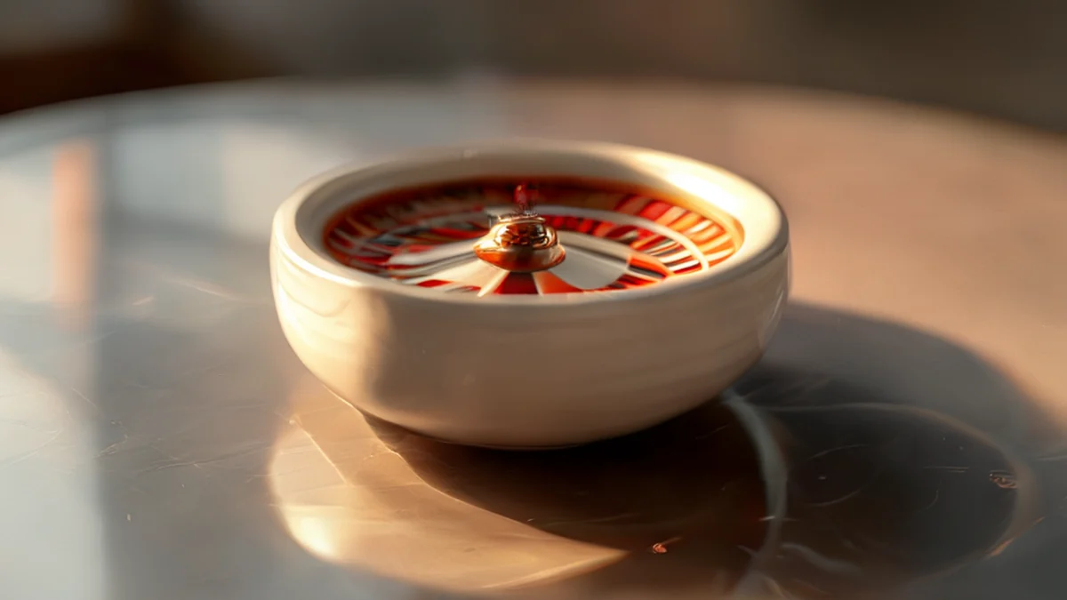 Zentriertes Roulette-Ball-Bowl, Porzellan, runder, weisses, unglatt, auf Glas-Tisch, warmes Licht, flaches Fokus, photo-realistisch, hohe Details