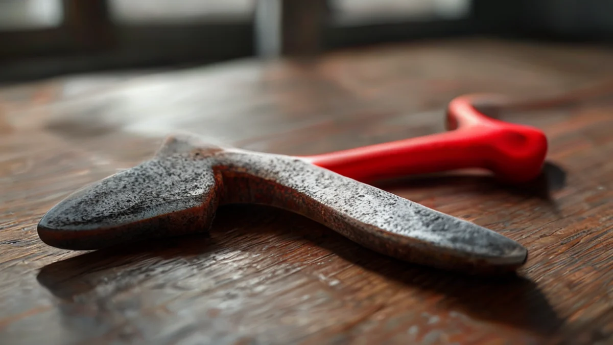 A rusted Turf Wrench, centered on a wooden table, with a metallic texture, bright red handle, and a curved, rusted blade under soft window light, shallow depth of field, photorealistic, sharp focus