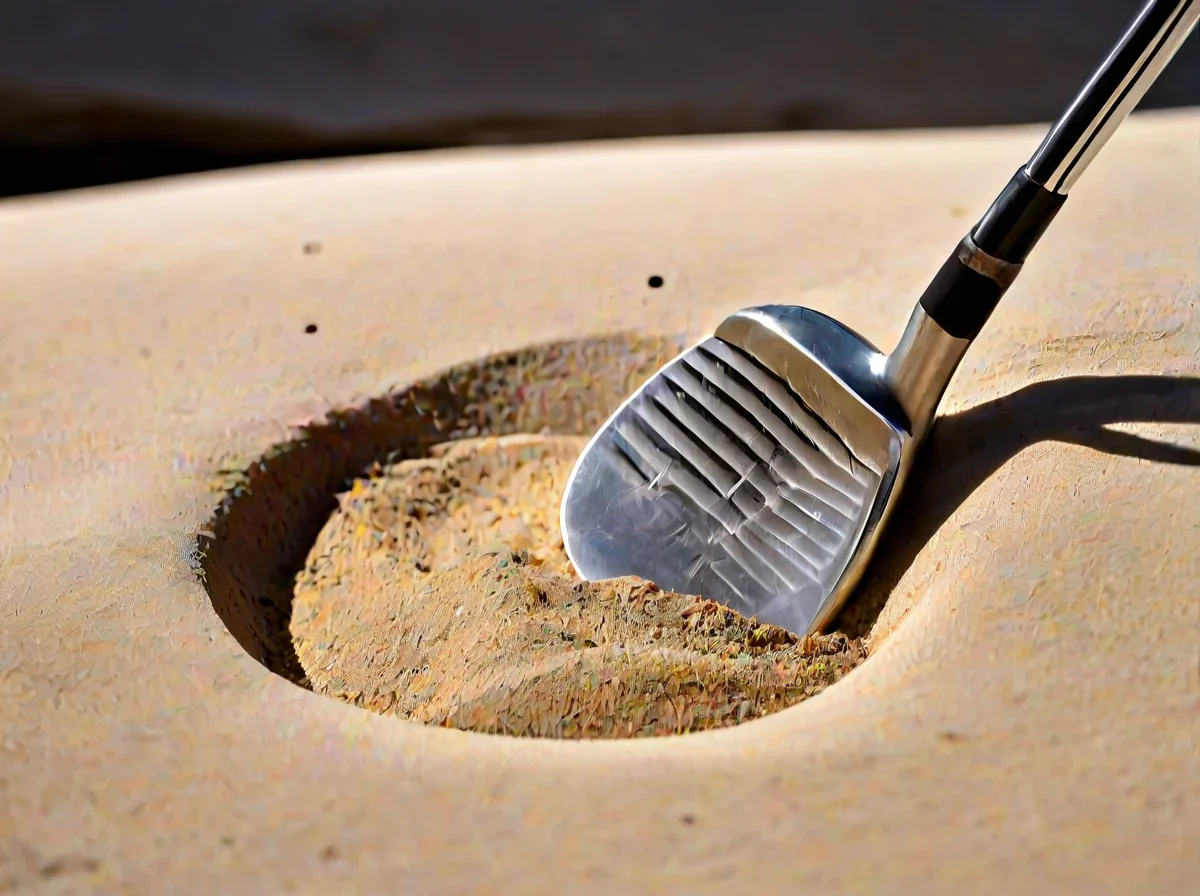Een sand wedge golfclub raakt het zand in een bunker