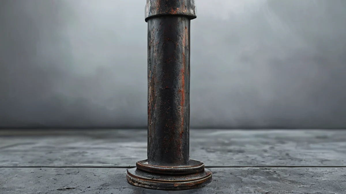 Um poste de aço vertical com superfície oxidada e brilho metálico.